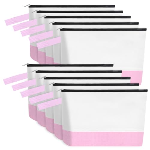 Sinzip 10 Pieces Cotton Canvas Makeup Bag with Bottom and Strap MultiPurpose Cosmetic Bag with Zipper Travel Toiletry Pouch Blank DIY Craft Bag WhitePink L - Image 1