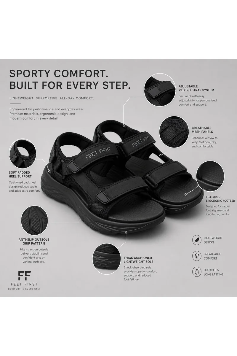 Feet First Men’s Sports Sandals with Adjustable Velcro Straps – Lightweight Comfort Outdoor Walking Sandals