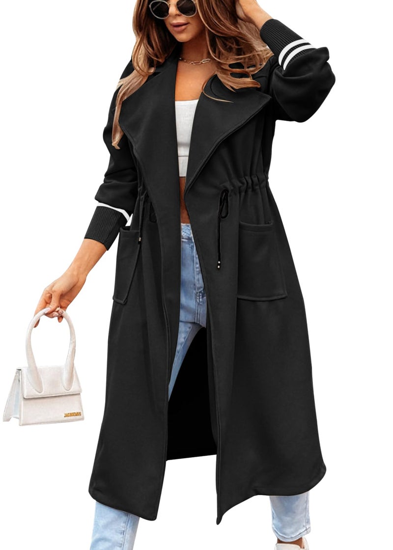Fazortev Women's 2023 Winter Coats Open Front Long Jackets Lapel Drawstring Waist Trench Coat Outerwear With Pockets - Image 1