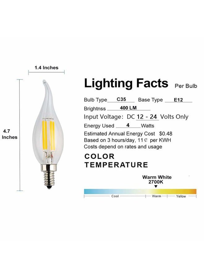OPALRAY Low Voltage 12V LED Candelabra Lightbulb, 12V DC or 12V AC, 4W Dimmable, 2700K Warm White Light, E12 Small Base, 40W Incandescent Replacement, 12Volt DC Operated, Clear Glass Flame Tip, 5-Pack - Image 3