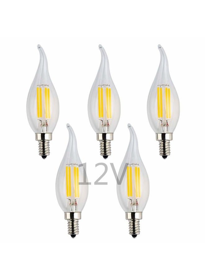 OPALRAY Low Voltage 12V LED Candelabra Lightbulb, 12V DC or 12V AC, 4W Dimmable, 2700K Warm White Light, E12 Small Base, 40W Incandescent Replacement, 12Volt DC Operated, Clear Glass Flame Tip, 5-Pack - Image 1