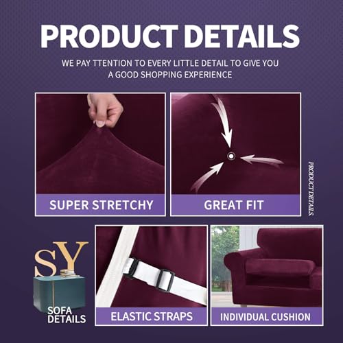 ZNSAYOTX Oversized Velvet Couch Cover 4 Piece (92"-115") Stretch Sofa Covers for 3 Cushion Couch Thick Soft XL-Slipcover with Non Slip Strap, Dog Pet Friendly Nice Furniture Protector (Wine Red) - Image 4