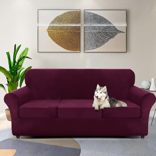 ZNSAYOTX Oversized Velvet Couch Cover 4 Piece (92"-115") Stretch Sofa Covers for 3 Cushion Couch Thick Soft XL-Slipcover with Non Slip Strap, Dog Pet Friendly Nice Furniture Protector (Wine Red) - Image 2