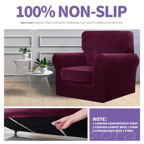 ZNSAYOTX Oversized Velvet Couch Cover 4 Piece (92"-115") Stretch Sofa Covers for 3 Cushion Couch Thick Soft XL-Slipcover with Non Slip Strap, Dog Pet Friendly Nice Furniture Protector (Wine Red) - Image 5