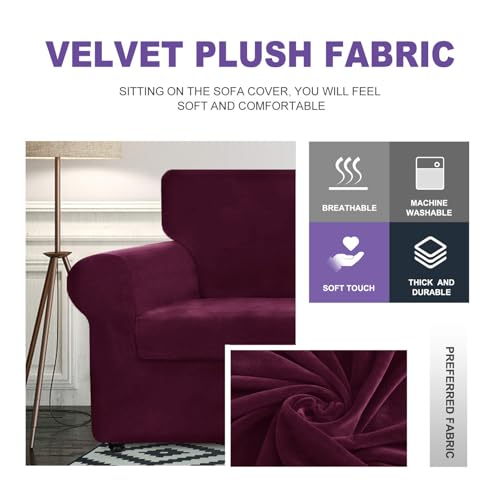 ZNSAYOTX Oversized Velvet Couch Cover 4 Piece (92"-115") Stretch Sofa Covers for 3 Cushion Couch Thick Soft XL-Slipcover with Non Slip Strap, Dog Pet Friendly Nice Furniture Protector (Wine Red) - Image 3
