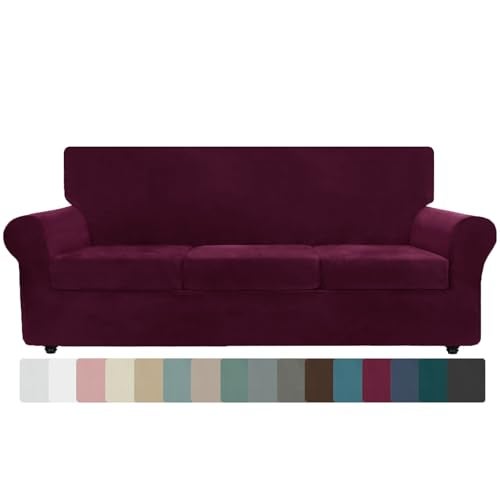 ZNSAYOTX Oversized Velvet Couch Cover 4 Piece (92"-115") Stretch Sofa Covers for 3 Cushion Couch Thick Soft XL-Slipcover with Non Slip Strap, Dog Pet Friendly Nice Furniture Protector (Wine Red) - Image 1