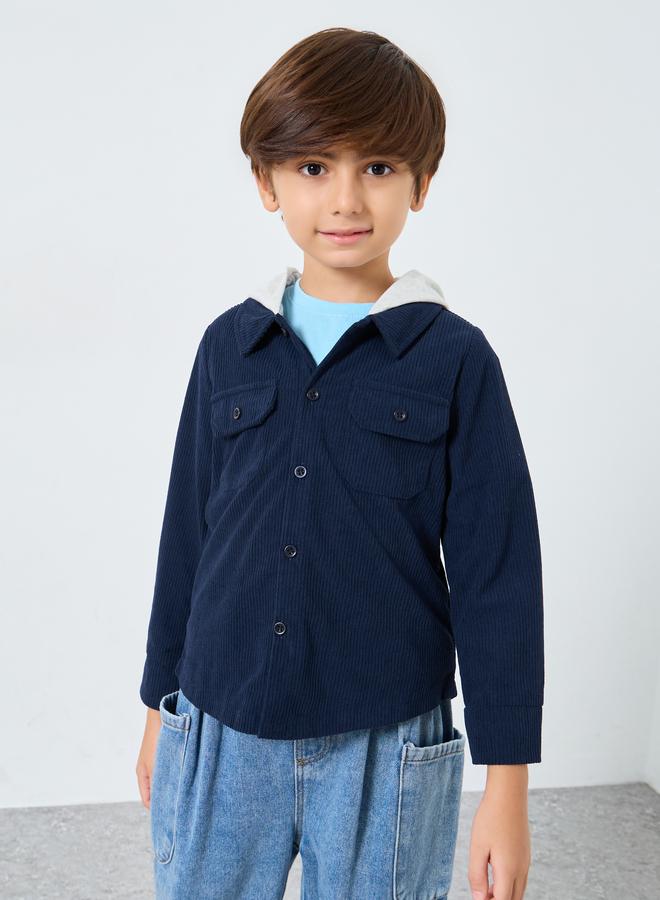 Styli Boys Navy Blue Corduroy Hooded Shacket - Image 1