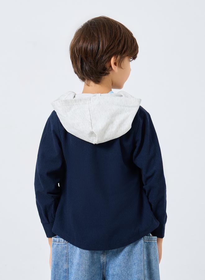 Styli Boys Navy Blue Corduroy Hooded Shacket - Image 4