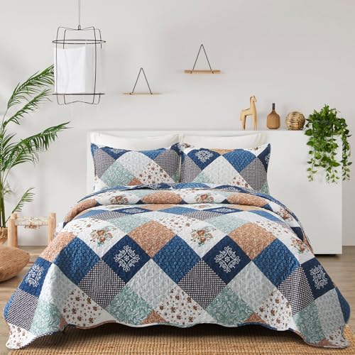 Dinjoy Reversible Patchwork Quilt Bedding Set Twin Size Blue Green Grey Plaid Floral Pattern Bedspread Set Soft Microfiber Coverlets Bed Set 3 Pieces Spring Summer Fall Use 68x86 inches - Image 1