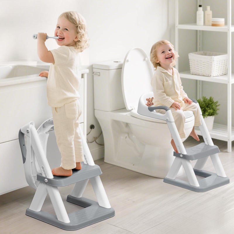 SKYROKU SKYROKU 8868 Potty Training Seat with Step Stool Adjustable Height NonSlip SplashProof Foldable 2in1 Toddler Potty Seat with Armrests and Replaceable Cushion Fits Most Toilets Grey 