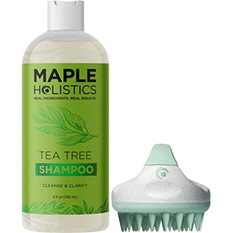 Tea Tree Oil Shampoo with Hair Shampoo Brush - In Shower Scalp Scrubber Exfoliator Made with Recycled Wheat Straw and Soft Silicone plus Sulfate Free Clarifying Shampoo for Build Up 8 Fl Oz - Image 1