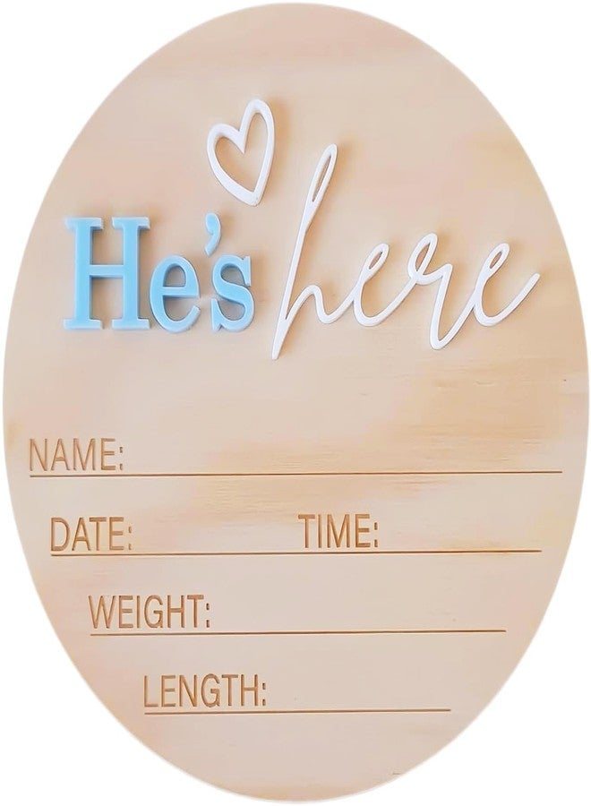 Febvao Baby Birth Announcement Sign, ​5.9 Inch Wooden He's Here Newborn Gender Reveal Signs Decoration, Acrylic Hospital Birth Announcement Sign, Newborn Photo Shoot Props,Welcome Newborn Arrival To World - Image 1