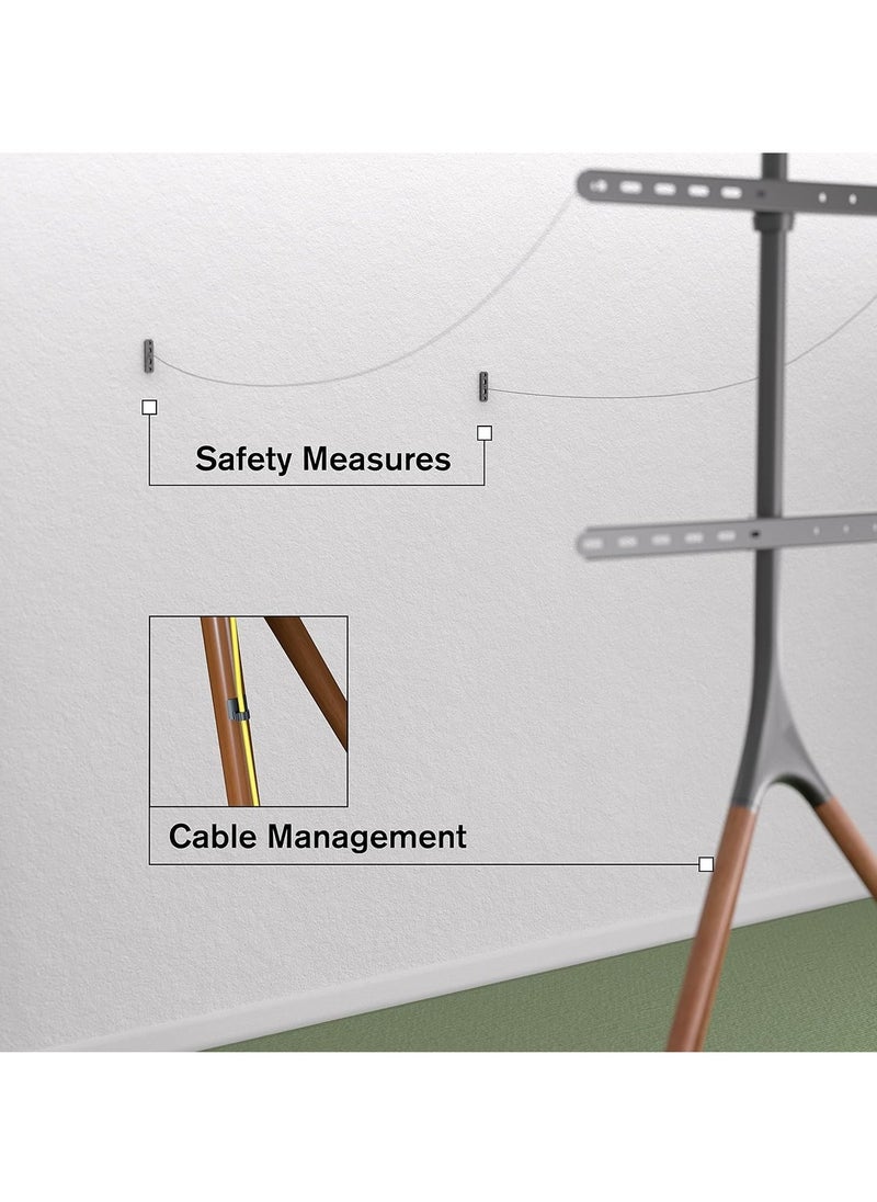 TIGER حامل تلفاز بقاعدة ثلاثية للأجهزة من 45-70 بوصة LED LCD OLED، حامل أرضي قابل للتعديل مع روابط كابلات، قاعدة تلفاز محمولة دوارة بزاوية 180° لغرفة النوم، غرفة المعيشة، الاستوديو، بني، يدعم حتى 55 رطل - Image 4