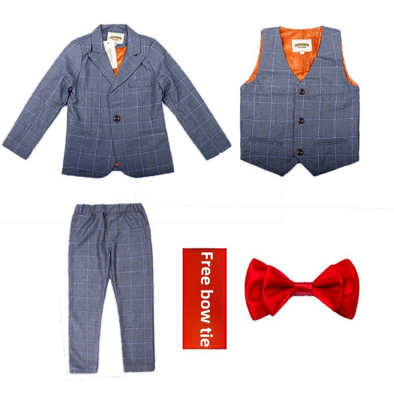 Kids Autumn Winter Plaid Suit Vest Set Fleece Gray 3-piece set