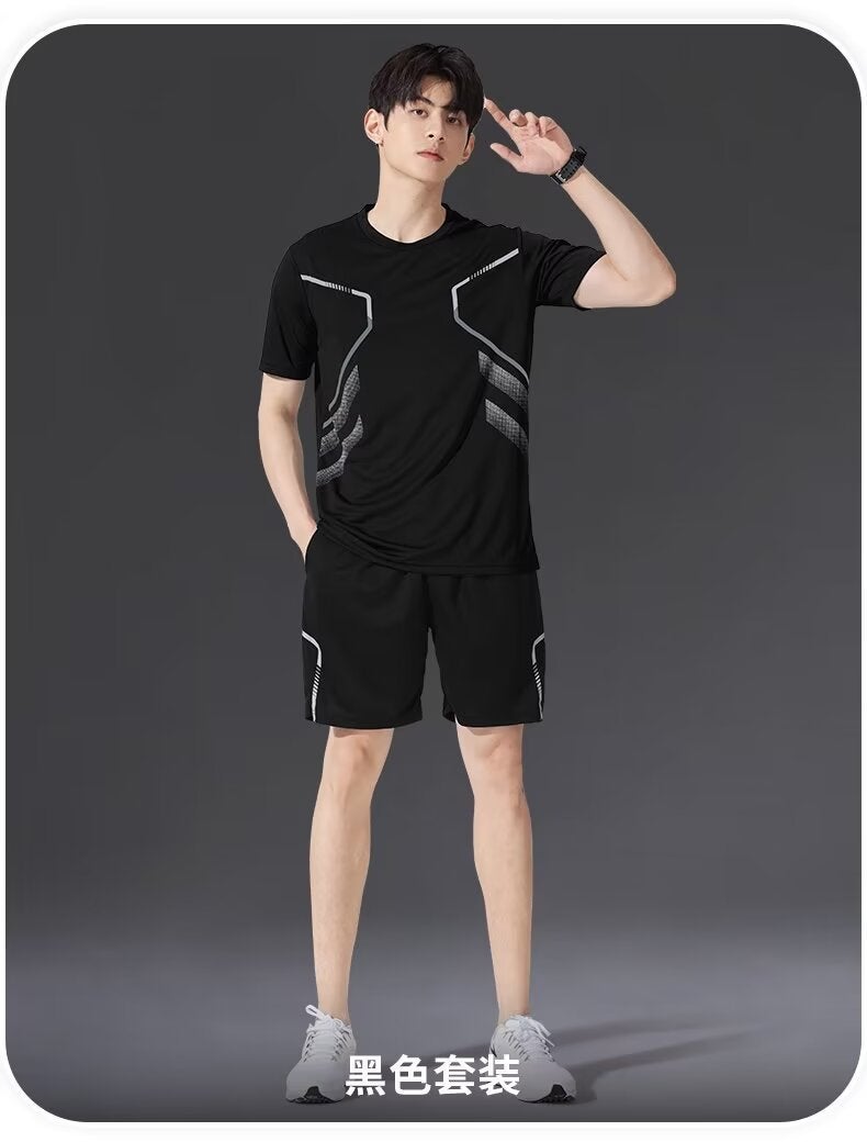 Feather Casual suit Mens Fashionable Sports Summer Thin Set of Clothes Short Sleeve Shorts Handsome Korean Style Jacket Mens Black  - Image 1