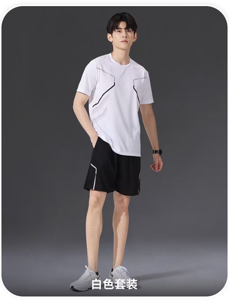 Feather Casual suit Mens Fashionable Sports Summer Thin Set of Clothes Short Sleeve Shorts Handsome Korean Style Jacket Mens Black  - Image 2