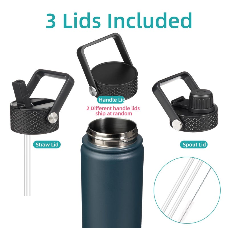 Konokyo Insulated Water Bottle 24oz Stainless Steel Sport Bottles with 3 Lids,Navy Blue - Image 3