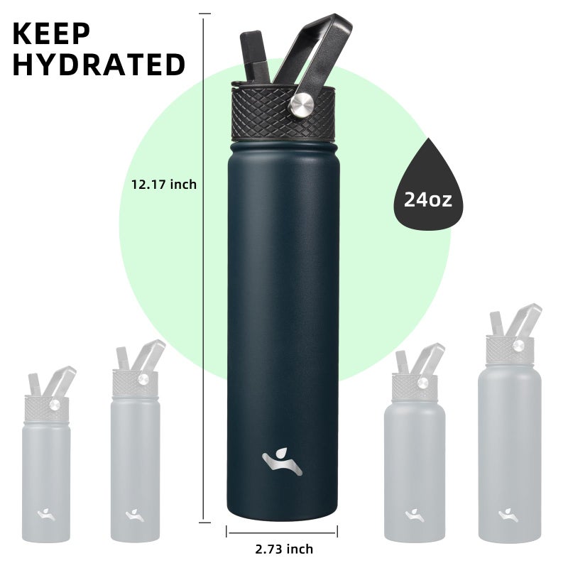 Konokyo Insulated Water Bottle 24oz Stainless Steel Sport Bottles with 3 Lids,Navy Blue - Image 5