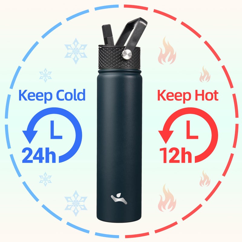 Konokyo Insulated Water Bottle 24oz Stainless Steel Sport Bottles with 3 Lids,Navy Blue - Image 2