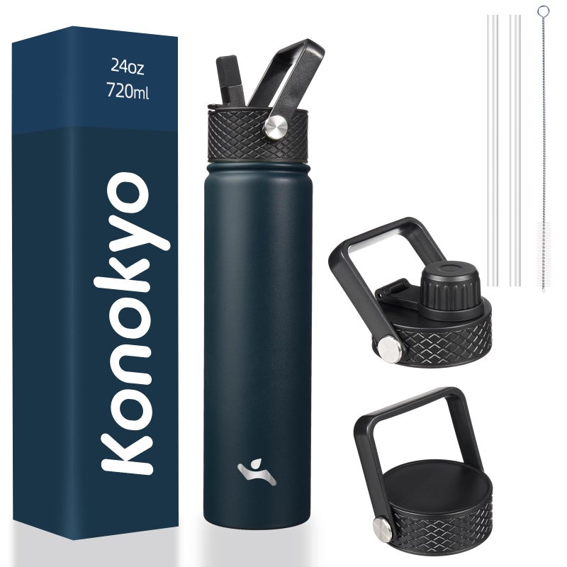 Konokyo Insulated Water Bottle 24oz Stainless Steel Sport Bottles with 3 Lids,Navy Blue - Image 1