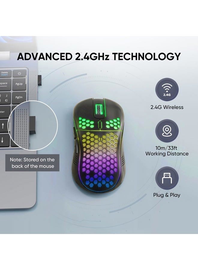 MELOGAGA Wireless Gaming Mouse Honeycomb 2.4G USB Cordless Mouse RGB Rechargeable PC Game Mice with 7-Color LED Lights，3 Adjustable DPI for Windows Laptop Desktop Computers -Black - Image 2