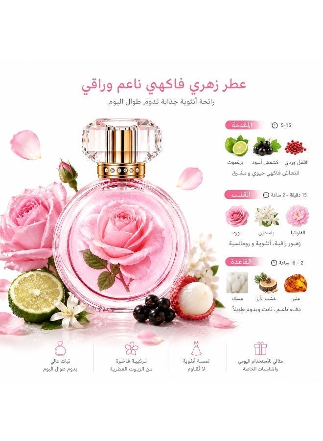 عطر نسائي فاخر أو دو بارفيوم 100 مل برائحة الورد والزهور والفواكه - يدوم طويلاً، زجاجة كريستالية أنيقة، مناسب للاستخدام اليومي وهدية مثالية للعيد - Image 3