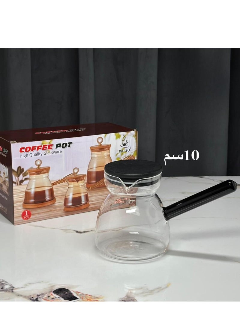 ركوة قهوة زجاجية مقاومة للحرارة مقاس 10 سم غلاية زجاج بمقبض وغطاء أسود - Image 3