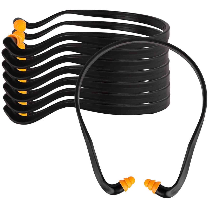 Banded Earplugs 8 Pcs Black + Orange: 29dB Max Noise Reduction - Reusable Washable Replaceable Soft Silicone Pods Individually Wrapped Comfortable Neck Rest Band for Sleeping Studying Shooting Constru - Image 1