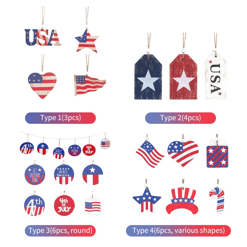 4PCS Patriotic Wood Ornaments 4th of July Wooden Hanging Pedant Set Patriotic Themed Hanging Tags Decoration for Party Home Wall Tree Hanging Decor - Image 3