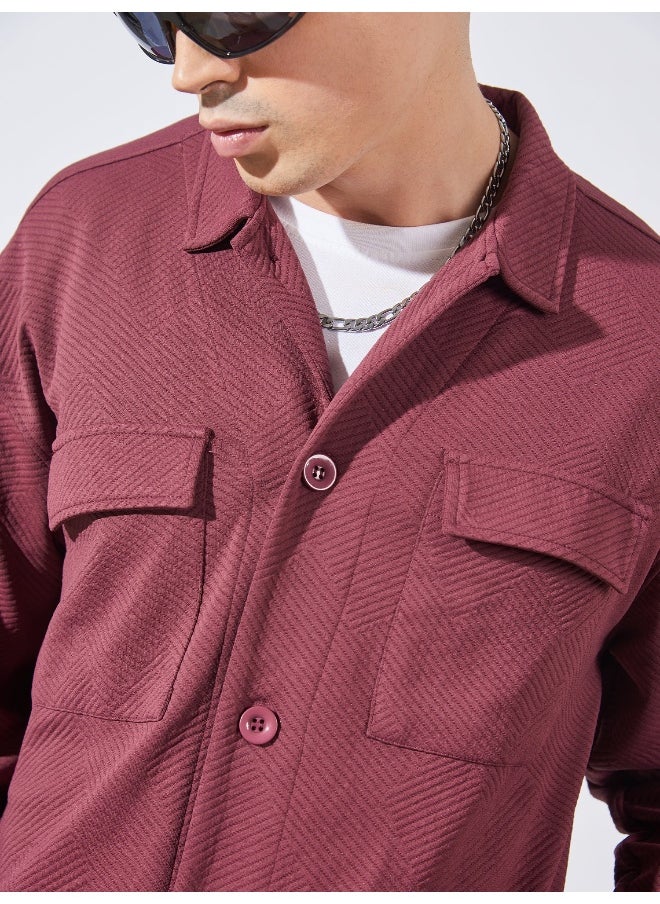 Maniac Mens Collared Neck Fullsleeve Burgundy 2Pockets Polyester Fleece Oversized fit Shacket  - Image 5