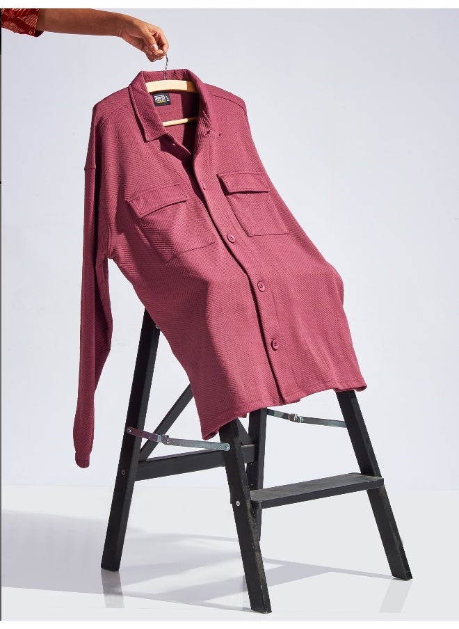 Maniac Mens Collared Neck Fullsleeve Burgundy 2Pockets Polyester Fleece Oversized fit Shacket  - Image 3