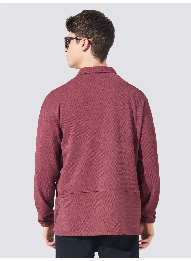 Maniac Mens Collared Neck Fullsleeve Burgundy 2Pockets Polyester Fleece Oversized fit Shacket