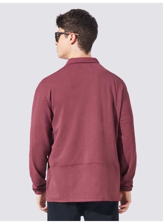 Maniac Mens Collared Neck Fullsleeve Burgundy 2Pockets Polyester Fleece Oversized fit Shacket  - Image 4