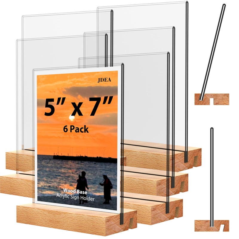 JDEA 5x7 Inch Acrylic Sign Holder with Wood Base Vertical and Slant Displays(6 Pack 5*7") - Image 1