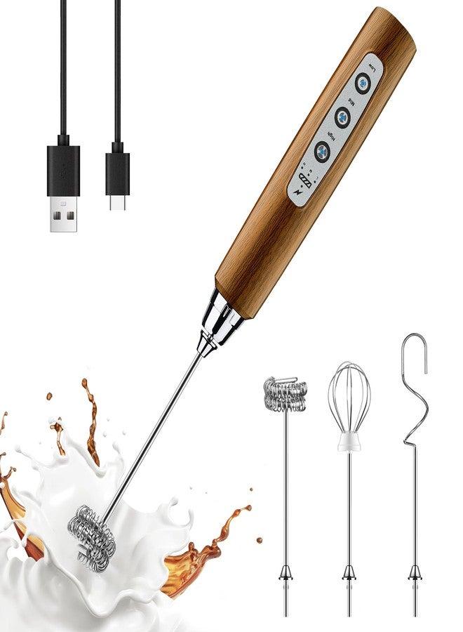 YUSWKO Wood Grain Handheld Milk Frother Wand for Coffee, Rechargeable Electric Whisk with 3 Heads 3 Speeds Drink Mixer Coffee Frother For Latte, Cappuccino, Hot Chocolate, Egg - Image 1