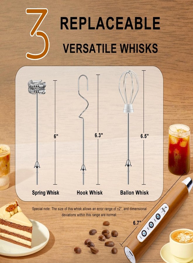 YUSWKO Wood Grain Handheld Milk Frother Wand for Coffee, Rechargeable Electric Whisk with 3 Heads 3 Speeds Drink Mixer Coffee Frother For Latte, Cappuccino, Hot Chocolate, Egg - Image 4