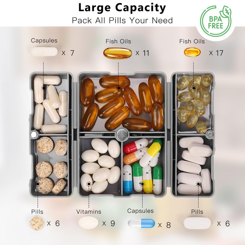 FYY Daily Pill Organizer, 7 Compartments Portable Pill Case Travel Pill Organizer,[Folding Design] Pill Box for Purse Pocket to Hold Vitamins,Cod Liver Oil,Supplements and Medication-Grey - Image 2