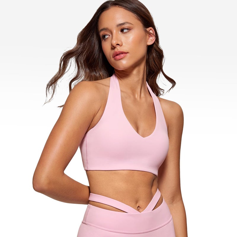 INGIA Womens Halter Longline Sports Bra Padded Low Back Yoga Bra Workout Crop Top with Built in Bra Milk Pink Medium - Image 3