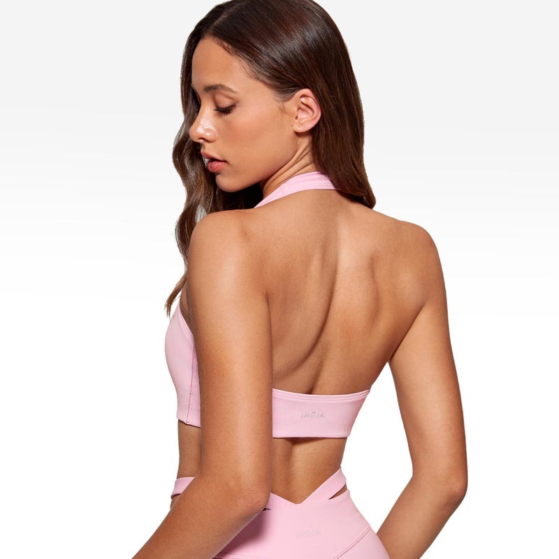 INGIA Womens Halter Longline Sports Bra Padded Low Back Yoga Bra Workout Crop Top with Built in Bra Milk Pink Medium - Image 2