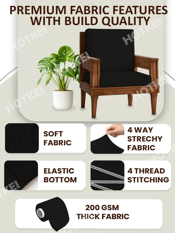 HOTKEI Black (Pack of 6) 200 GSM Fabric Wooden Sofa Seat Cover Elastic Stretchable Cushion Seat Slip Cover Protector for Wooden Sofa Set 3 Seater Antislip Full Covers for Living Room - Image 2