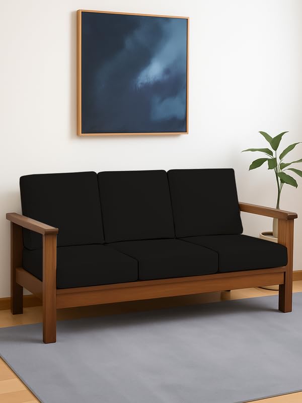 HOTKEI Black (Pack of 6) 200 GSM Fabric Wooden Sofa Seat Cover Elastic Stretchable Cushion Seat Slip Cover Protector for Wooden Sofa Set 3 Seater Antislip Full Covers for Living Room - Image 1