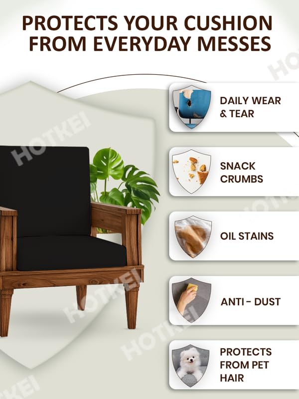HOTKEI Black (Pack of 6) 200 GSM Fabric Wooden Sofa Seat Cover Elastic Stretchable Cushion Seat Slip Cover Protector for Wooden Sofa Set 3 Seater Antislip Full Covers for Living Room - Image 3