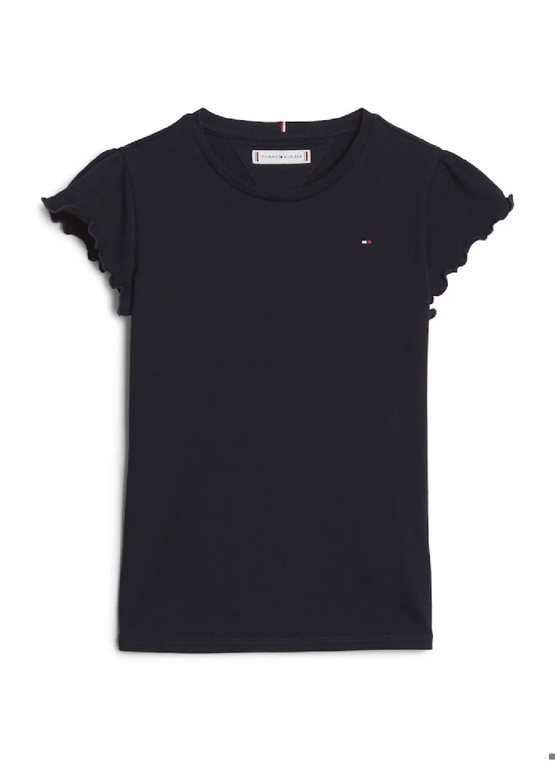 TOMMY HILFIGER Girls' Essential Scallop Sleeve Slim Fit T-Shirt -  Cotton blend, Blue