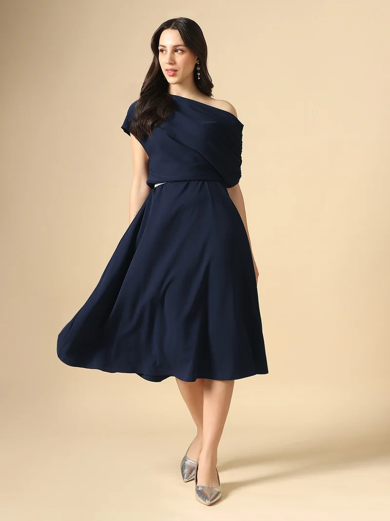 globus Globus Women Navy Blue One Shoulder Ruched Sleeve Self Design Fit & Flare Midi Dress