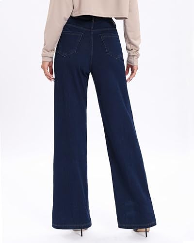 TONIRY Wide Leg Jeans for Women High Waisted, Stretchy Pull On Baggy Denim Pants Casual Trendy Straight Fit Trousers Comfortable and Stylish for Everyday Wear Dark Blue - Image 3
