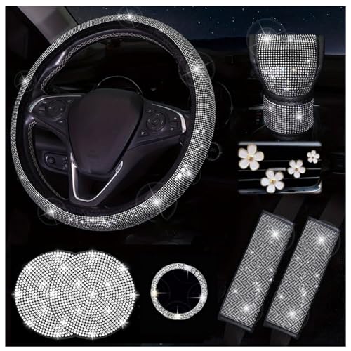 AutoCabins 11 pcs Bling Car Accessories Set for Women, Steering Wheel Cover, Sparkly Seat Belt Covers, Daisy Vent Clips, Bling Shift Cover, Universal Fit Most Cars (White Diamond) - Image 1