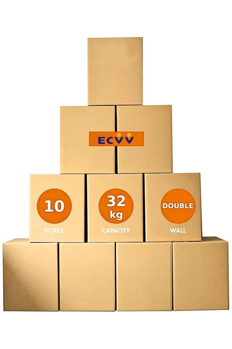 ECVV 10 Pack Large Double Wall 100% Recyclable Corrugated Cardboard Moving Boxes with 32 KG Capacity | 45 x 45 x 70 cm | Brown Carton Boxes for Packaging, Shipping and Storage, 5 ply | Brown - Image 1