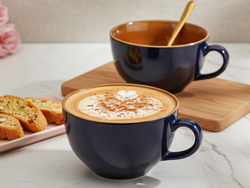 Bodhi House Ceramic Coffee Wide Large Mug with Handle - Set of 2, 350Ml Glossy Finish | Bone Ash Free & Microwave Safe | for Cappuccino, Latte, Green Tea - Royal Blue - Image 1
