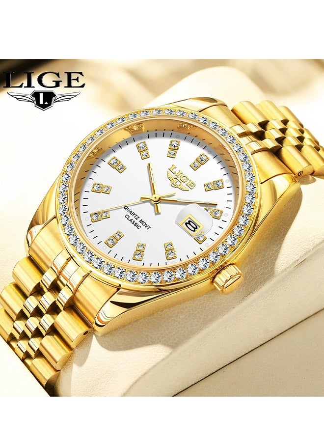 LIGE ​​LIGE Men's Classic Fashion Watch - Gold-Tone Stainless Steel Strap with White Dial, Diamond Hour Markers, Quartz Movement, Modern Luxe Style for Business & Formal Occasions​​  - Image 1