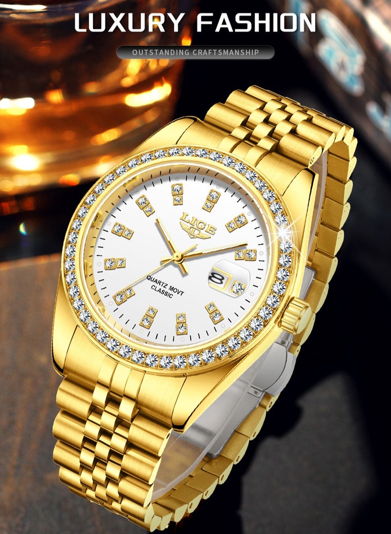 LIGE ​​LIGE Men's Classic Fashion Watch - Gold-Tone Stainless Steel Strap with White Dial, Diamond Hour Markers, Quartz Movement, Modern Luxe Style for Business & Formal Occasions​​  - Image 2